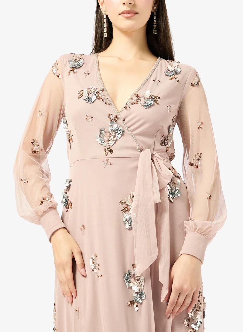 Frock And Frill  Embellished Plunge Neck Long Sleeve Maxi Dress for Women | Best Price UAE